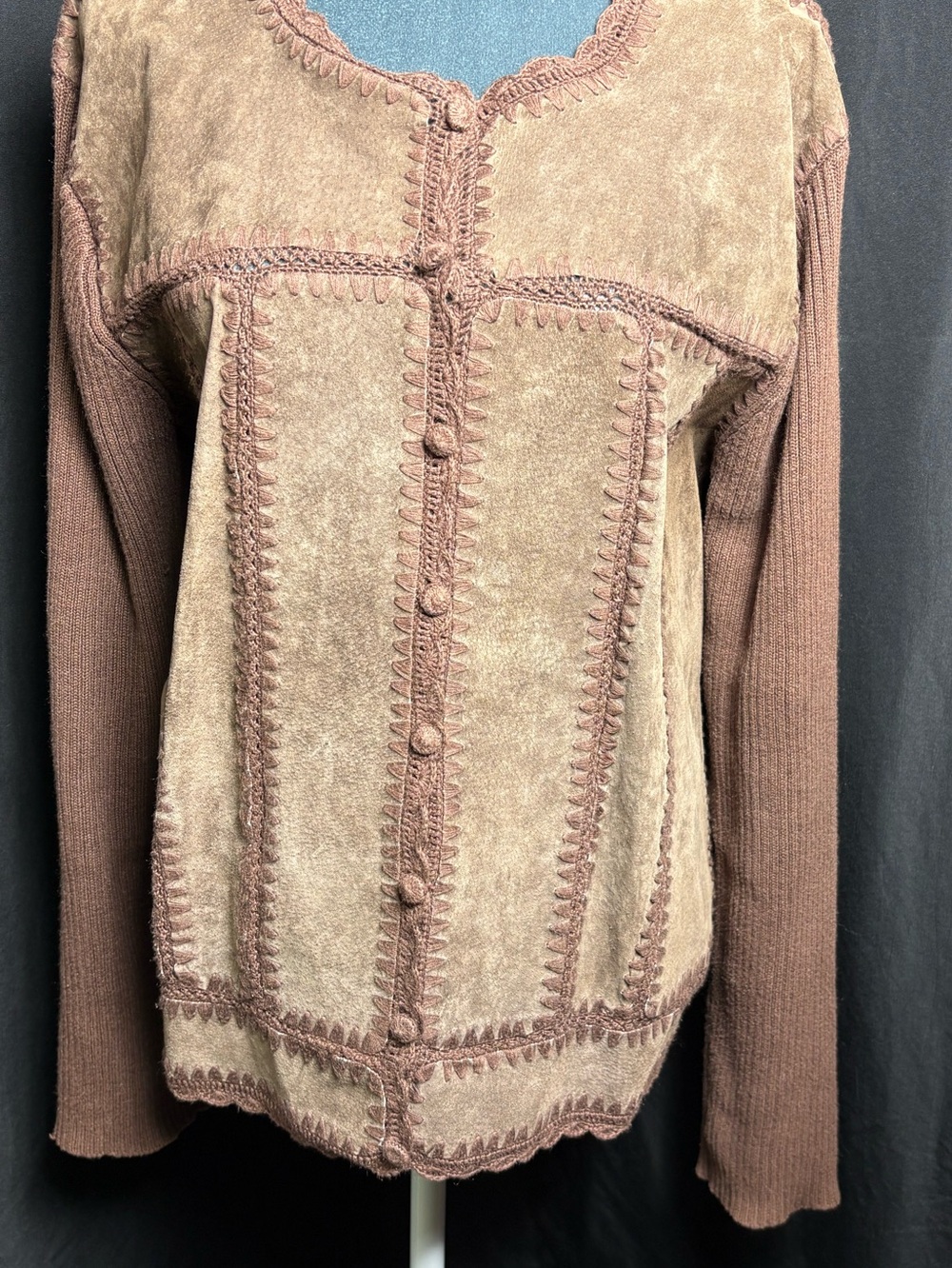T & Company Dark Brown Faux Leather Patchwork Crocheted Lace Trim Sweater Size L